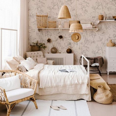 Rattan Elements With Floral Wallpaper