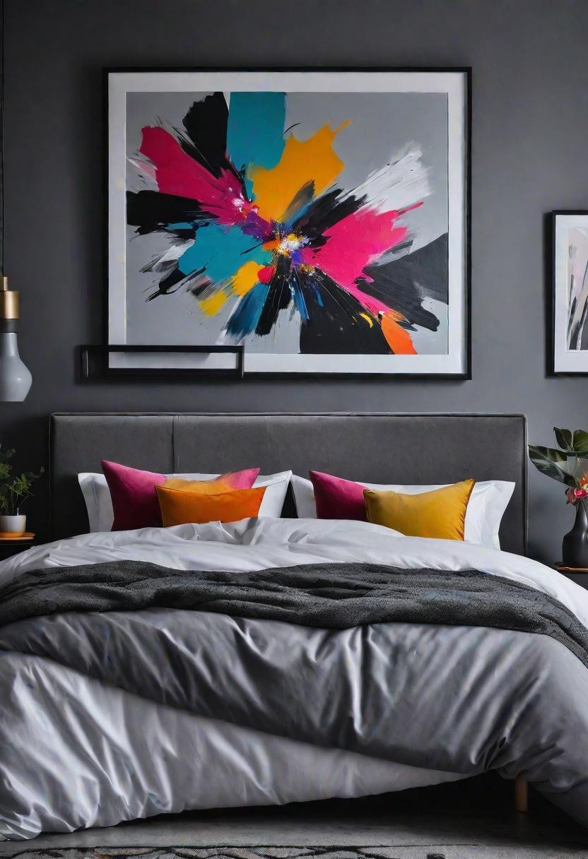 Colorful Art in Grey Bedroom