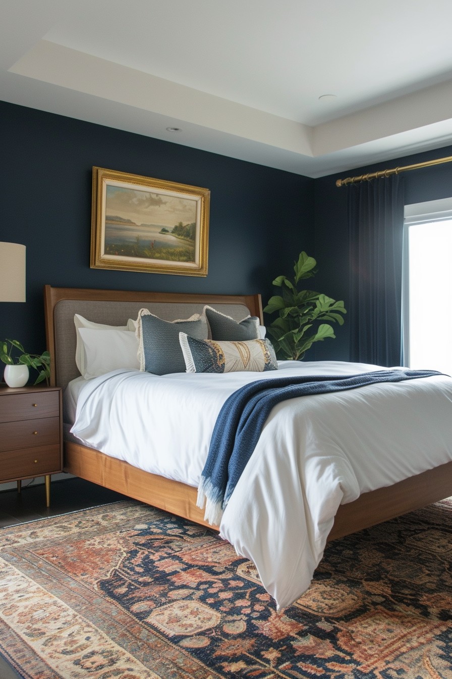 Sophisticated Grown Woman Bedroom: Navy Blue and Gold Mid-Century Glamour